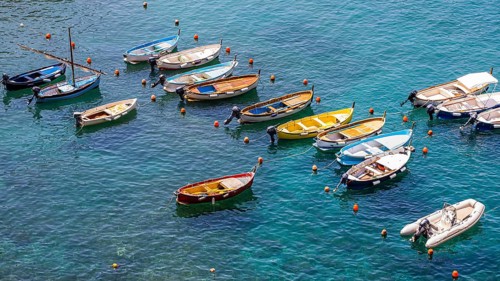 Coloured fishing boats attached to buoys in the turquoise water in the harbour of Vernazza