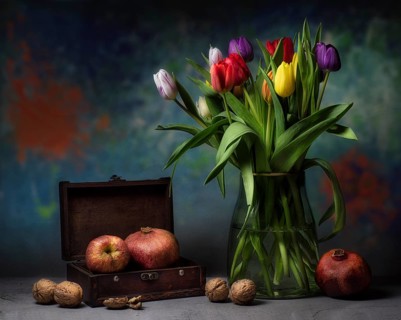Still life with colourful bouquet of tulips in glass vase next to nuts