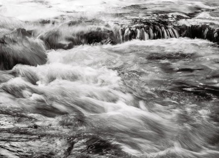 Mountain stream flows over moss-covered stones