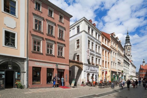 Pedestrian zone with cafes and town hall tower