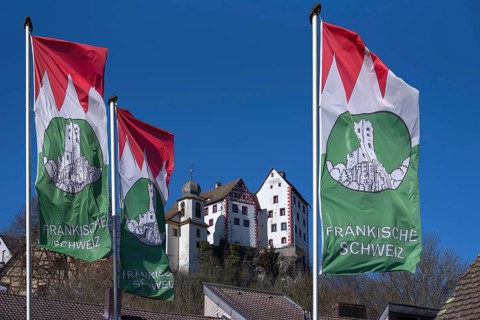 Waving advertising flags of Franconian Switzerland