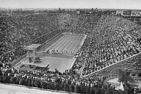 The swimming stadium on the Reichssportfeld during the competitions of the XI Olympiad