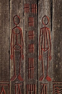 Detail of the wooden stele made of ship planks for the 1000th anniversary of the parish