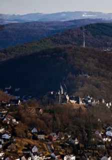 Low mountain landscape with the town and castle of Altena