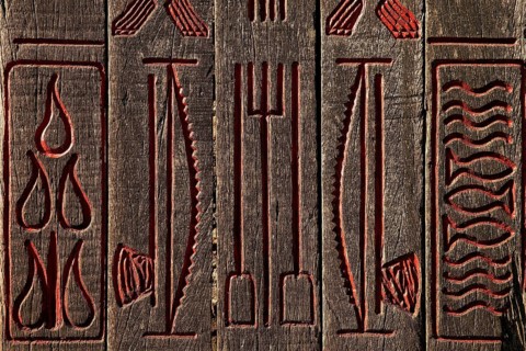 Detail of the wooden stele made of ship planks for the 1000th anniversary of the parish