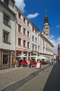 Pedestrian zone with cafes and town hall tower