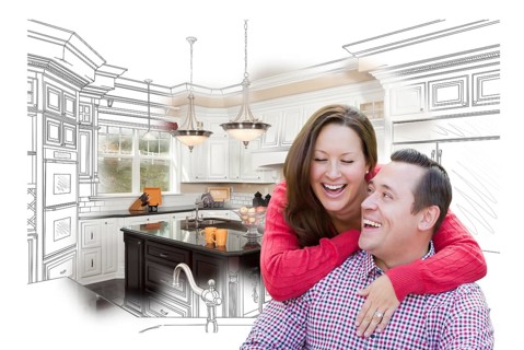 Happy laughing couple with kitchen design drawing and photo behind