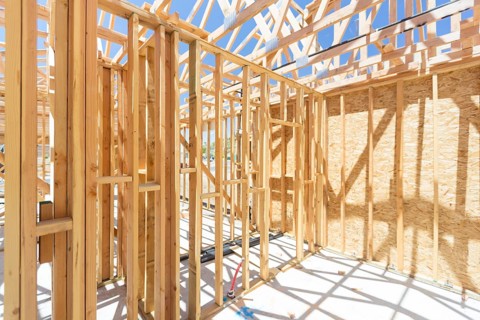 Wood home framing abstract at construction site