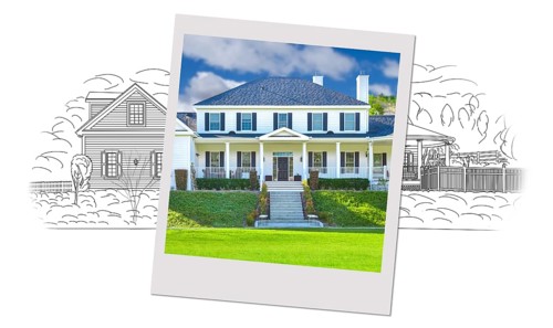 Custom house drawing with picutre frame above containing finished construction