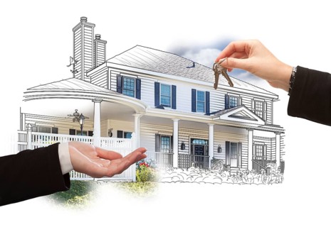 Handing over keys on house drawing and photo combination on white