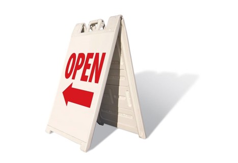 Open tent sign isolated on a white background