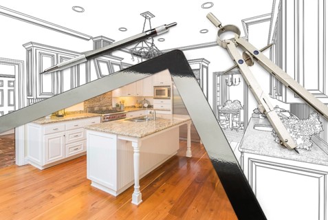 Computer tablet and drafting tools with kitchen drawing and photograph combination