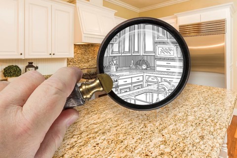Hand holding magnifying glass revealing custom kitchen design drawing and photo combination