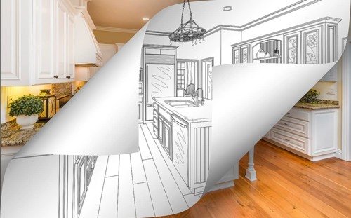 Kitchen drawing page corners flipping with photo behind