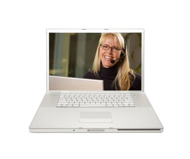 Pretty woman with phone headset on laptop screen
