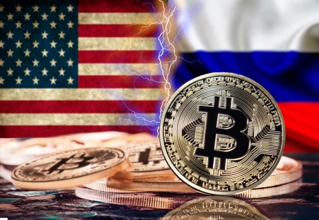 Bitcoin coin with russian flag and united states in the background