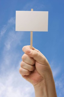 Blank sign in fist on sky background