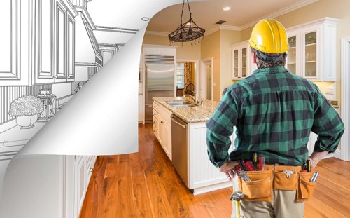 Contractor facing kitchen photo with page corner flipping to drawing behind