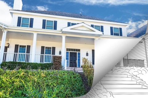 House photo page corner flipping with drawing behind