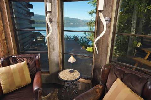 Luxurious rustic reading room in rural setting with lake view