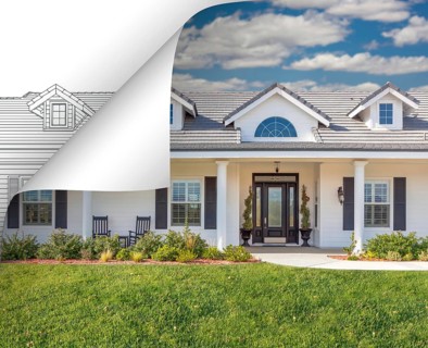 House photo page corner flipping with drawing behind