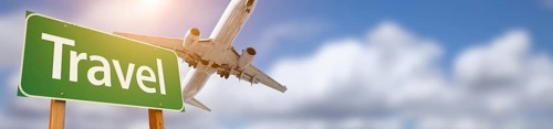 Travel green rodd sign banner with airplane flying above