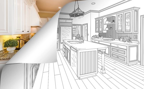 Kitchen drawing page corner flipping with photo behind