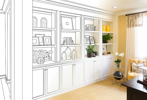Custom built-in shelves and cabinets design drawing gradating to finished photo