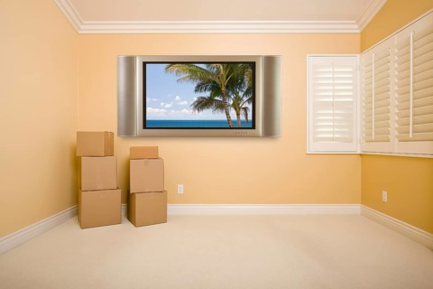 Flat panel television on wall with tropical scene in empty room with boxes
