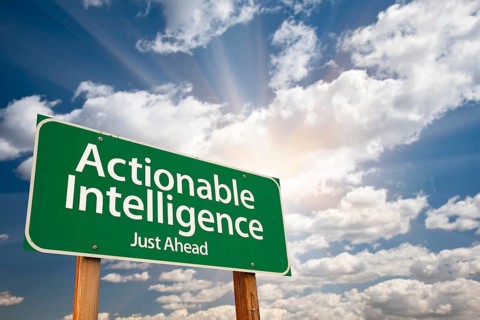 Actionable intelligence green road sign on dramatic blue sky with clouds