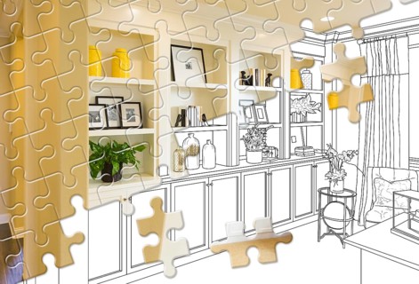 Puzzle pieces fitting together revealing finished built-in build over drawing
