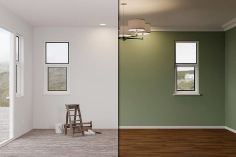 Unfinished raw and newly remodeled room of house before and after with wood floors