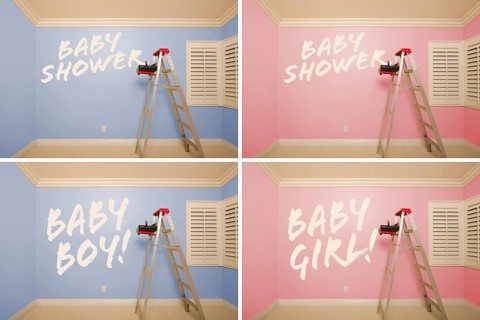 Maternity series of pink and blue empty rooms with ladder and paint supplies