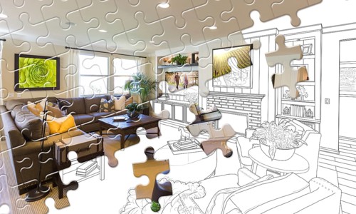 Puzzle pieces fitting together revealing finished living room build over drawing
