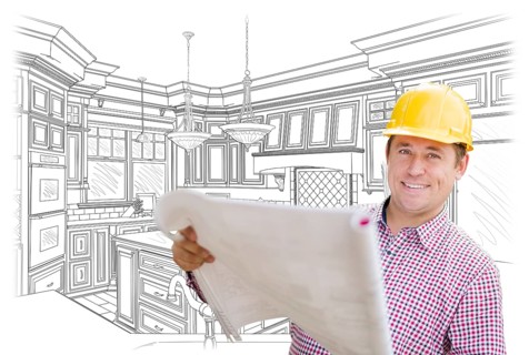 Smiling contractor holding blueprints over custom kitchen drawing