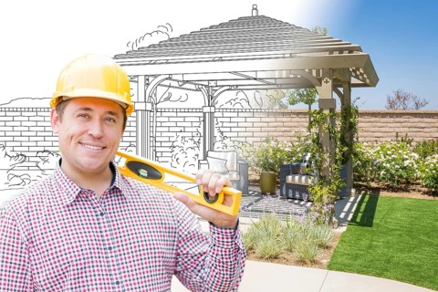 Contractor in front of drawing gradating into photo of finished patio cover