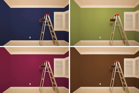 Set of empty rooms painted in variety of colors with ladder