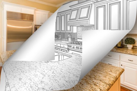 Kitchen drawing page corners flipping with photo behind