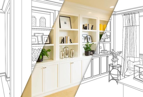 Custom built-in shelves and cabinets design drawing with cross section of finished photo