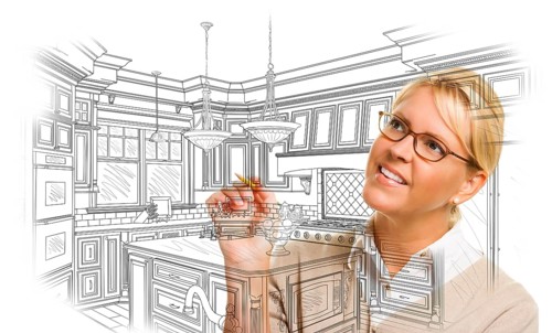 Creative woman with pencil drawing custom kitchen design on white