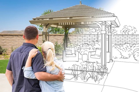 Couple facing pergola drawing gradating to photo