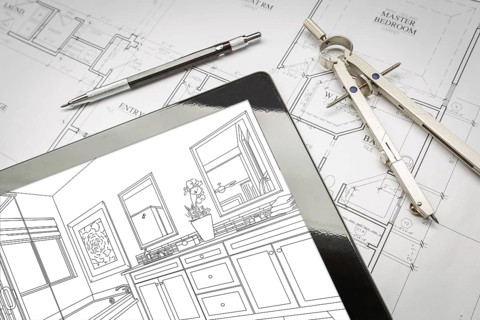 Computer tablet with master bathroom design over house plans