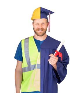 Split screen male graduate in cap and gown to engineer in hard hat concept