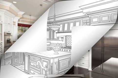 Kitchen drawing page corners flipping with photo behind