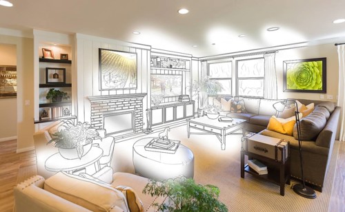 Custom living room drawing brush stoke gradation into photograph