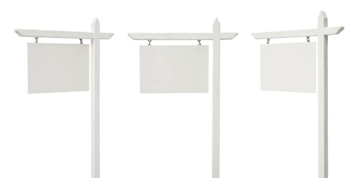 Set of 3 different angled blank real estate signs isolated on a white background
