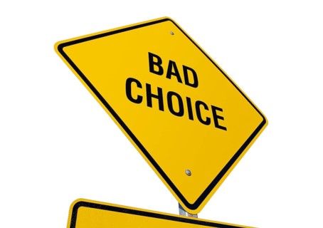 Yellow bad choice road sign isolated on a white background with clipping path