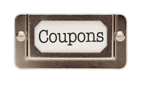 Coupons file drawer label isolated on a white background