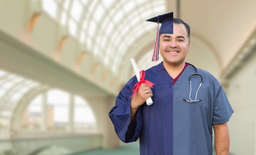 Split screen of hispanic male as graduate and nurse on campus or at hospital