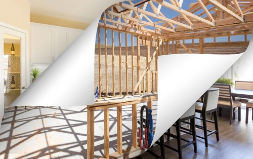 Kitchen construction framing with page corners flipping to completed photo